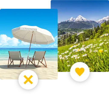 Illustration von einer Auswahl zwischen Strand oder Bergen