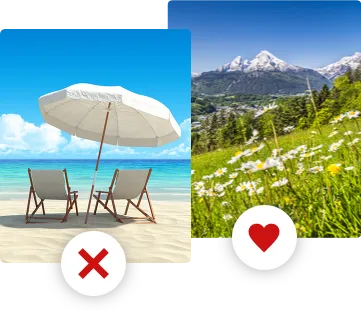 Illustration von einer Auswahl zwischen Strand oder Bergen