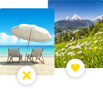 Illustration von einer Auswahl zwischen Strand oder Bergen