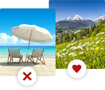 Illustration von einer Auswahl zwischen Strand oder Bergen