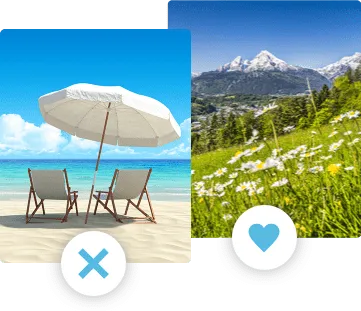 Illustration von einer Auswahl zwischen Strand oder Bergen